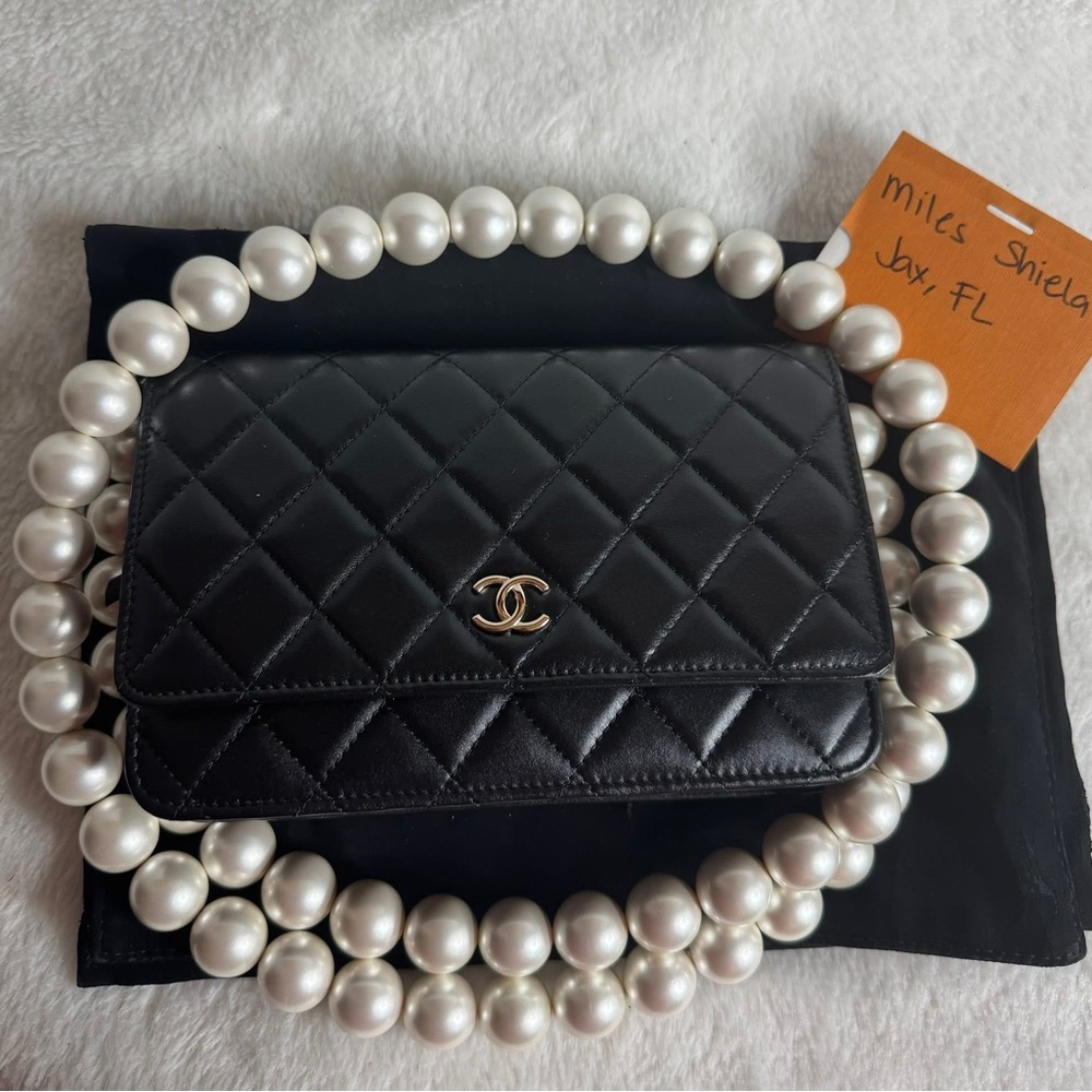 Chanel Black Quilted Leather Bag with Pearl Strap